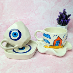 Harmony Duo Ceramic Cup & Saucer Set – Handmade Evil Eye & House Design (300 ml, Set of 2)