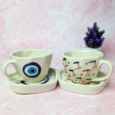 Duo Ceramic Cup & Saucer Set – Handmade Evil Eye & Cherry Blossom Design (300 ml, Set of 2)