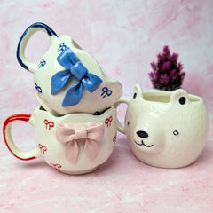 Cuddle & Charm Ceramic Mug Set – Handmade Bear & Bow Design (300–350 ml, Set of 3)