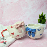 Ribbon Bliss Ceramic Mug Set – Handmade Bow Design (300 ml, Set of 2)