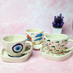 Artistic Trio Ceramic Cup & Saucer Set – Handmade Evil Eye, Cherry Blossom & House Design (300 ml, Set of 3)