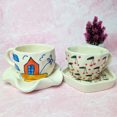 Bloom & Home Ceramic Cup & Saucer Set – Handmade House & Cherry Blossom Design (300 ml, Set of 2)