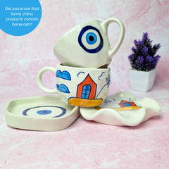 Harmony Duo Ceramic Cup & Saucer Set – Handmade Evil Eye & House Design (300 ml, Set of 2)