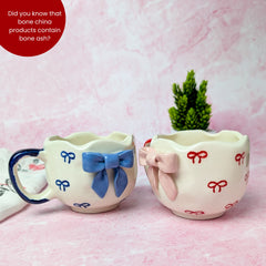 Ribbon Bliss Ceramic Mug Set – Handmade Bow Design (300 ml, Set of 2)