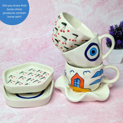 Artistic Trio Ceramic Cup & Saucer Set – Handmade Evil Eye, Cherry Blossom & House Design (300 ml, Set of 3)