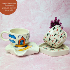 Bloom & Home Ceramic Cup & Saucer Set – Handmade House & Cherry Blossom Design (300 ml, Set of 2)