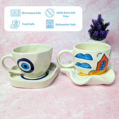 Harmony Duo Ceramic Cup & Saucer Set – Handmade Evil Eye & House Design (300 ml, Set of 2)