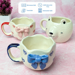 Cuddle & Charm Ceramic Mug Set – Handmade Bear & Bow Design (300–350 ml, Set of 3)