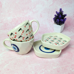 Duo Ceramic Cup & Saucer Set – Handmade Evil Eye & Cherry Blossom Design (300 ml, Set of 2)