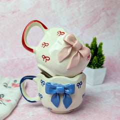 Ribbon Bliss Ceramic Mug Set – Handmade Bow Design (300 ml, Set of 2)