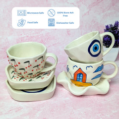 Artistic Trio Ceramic Cup & Saucer Set – Handmade Evil Eye, Cherry Blossom & House Design (300 ml, Set of 3)
