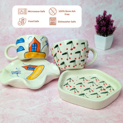 Bloom & Home Ceramic Cup & Saucer Set – Handmade House & Cherry Blossom Design (300 ml, Set of 2)