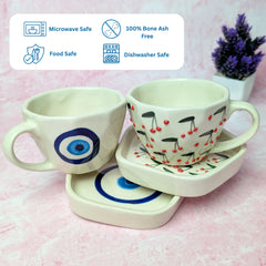 Duo Ceramic Cup & Saucer Set – Handmade Evil Eye & Cherry Blossom Design (300 ml, Set of 2)