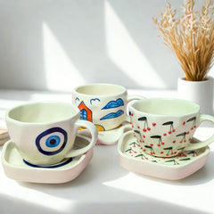 Artistic Trio Ceramic Cup & Saucer Set – Handmade Evil Eye, Cherry Blossom & House Design (300 ml, Set of 3)