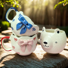 Cuddle & Charm Ceramic Mug Set – Handmade Bear & Bow Design (300–350 ml, Set of 3)