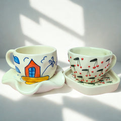 Bloom & Home Ceramic Cup & Saucer Set – Handmade House & Cherry Blossom Design (300 ml, Set of 2)