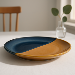 Handmade Ceramic Dinner Plate with Diagonal Divide – Blue & Mustard