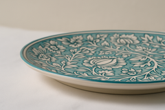 Handmade Ceramic Dinner Plate with Intricate Floral Design – Turquoise
