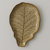 Handmade Ceramic Leaf-Shaped Platter with Organic Glaze – Brown with Leaf Vein Design