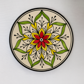 Handmade Ceramic Quarter Plate with Hand-Painted Mandala Design – Red, Yellow & Green