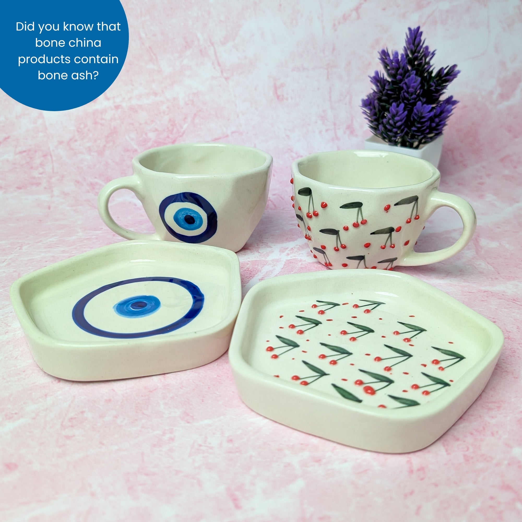 Duo Ceramic Cup & Saucer Set – Handmade Evil Eye & Cherry Blossom Design (300 ml, Set of 2)