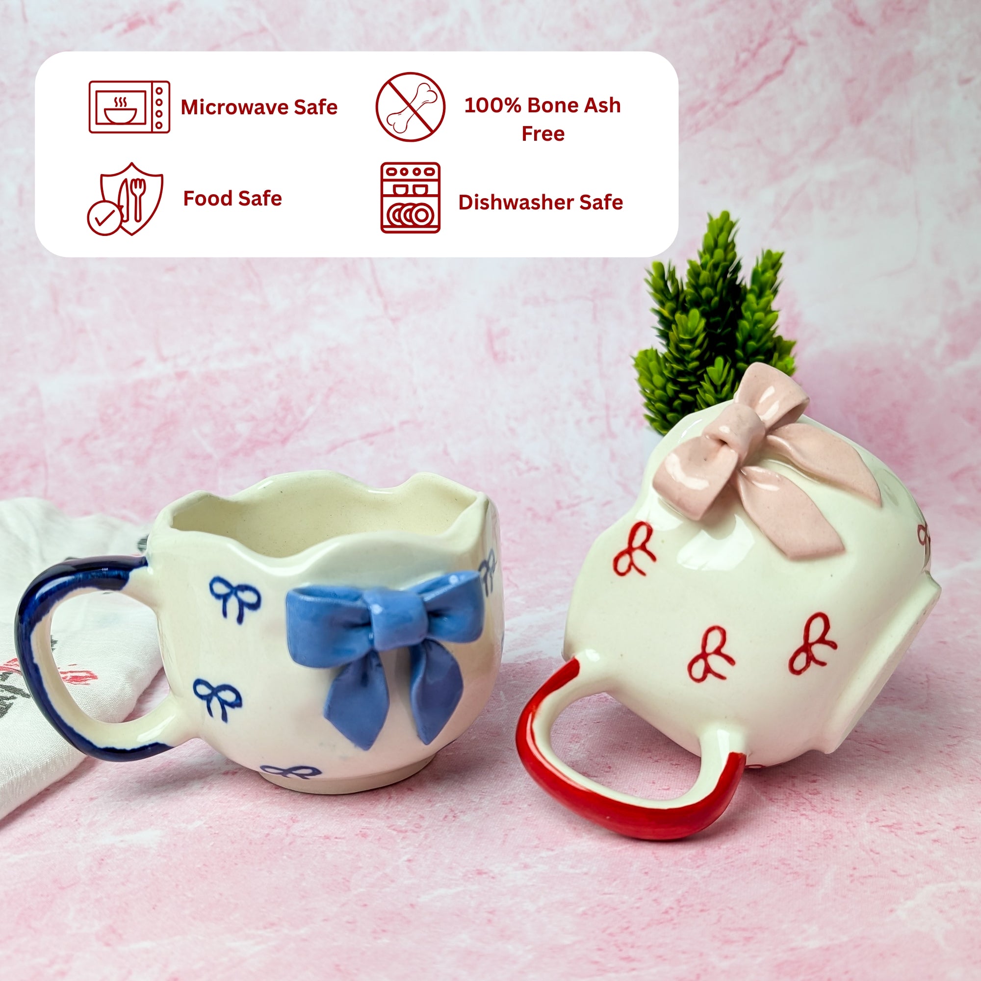Ribbon Bliss Ceramic Mug Set – Handmade Bow Design (300 ml, Set of 2)