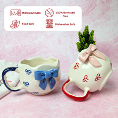 Ribbon Bliss Ceramic Mug Set – Handmade Bow Design (300 ml, Set of 2)
