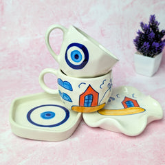 Harmony Duo Ceramic Cup & Saucer Set – Handmade Evil Eye & House Design (300 ml, Set of 2)