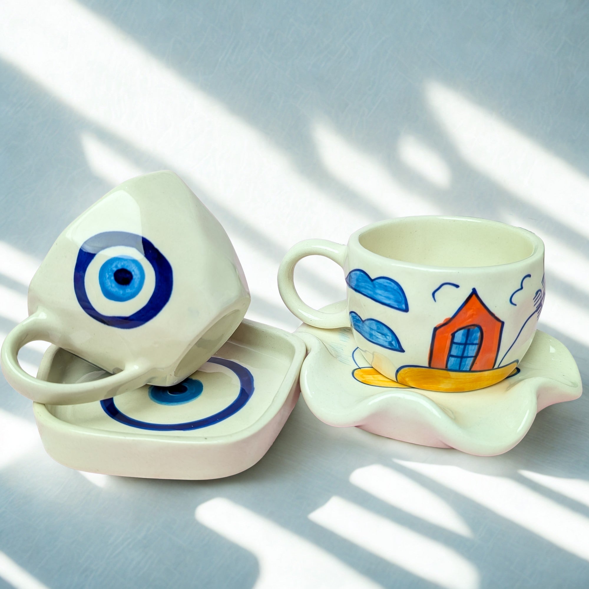Harmony Duo Ceramic Cup & Saucer Set – Handmade Evil Eye & House Design (300 ml, Set of 2)