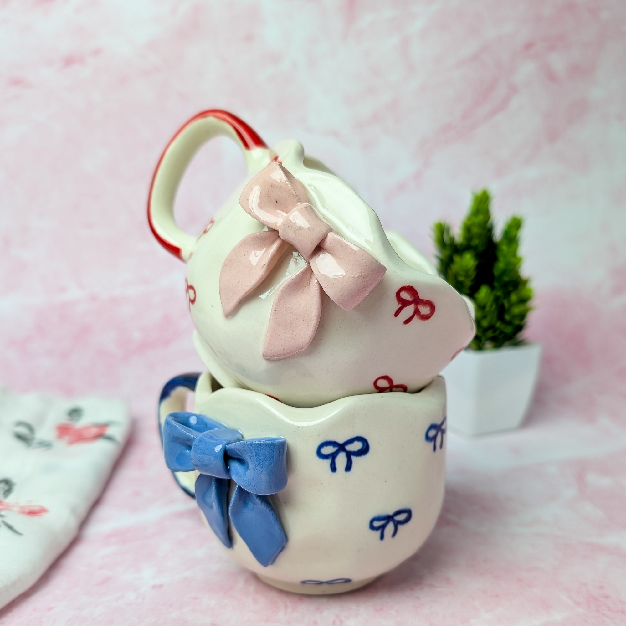 Ribbon Bliss Ceramic Mug Set – Handmade Bow Design (300 ml, Set of 2)