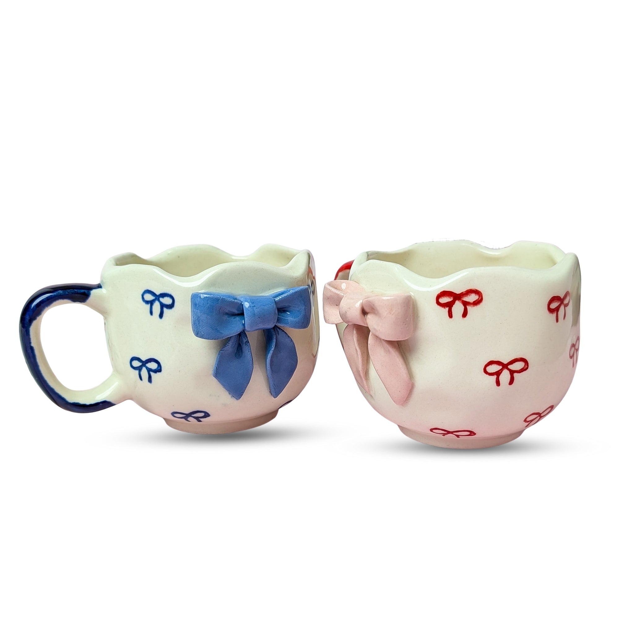 Ribbon Bliss Ceramic Mug Set – Handmade Bow Design (300 ml, Set of 2)