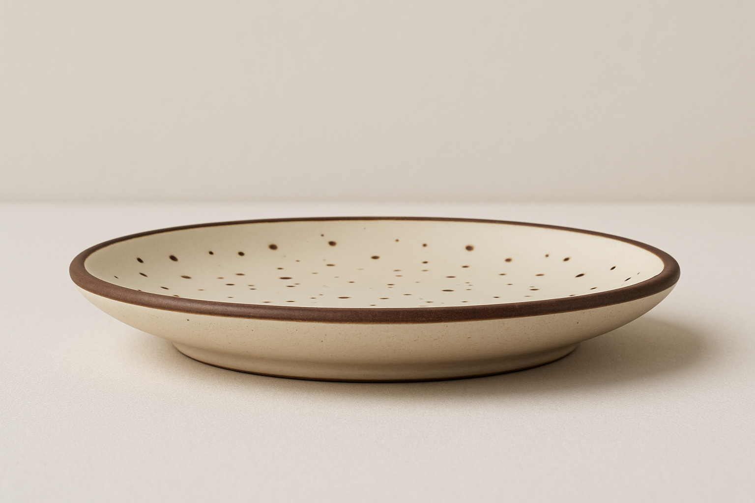 Handmade Ceramic Quarter Plate – Speckled Beige with Brown Rim