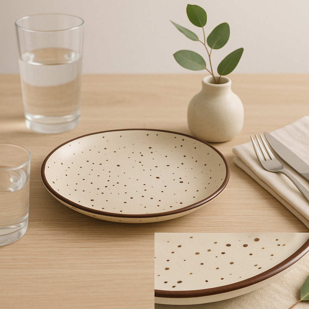 Handmade Ceramic Quarter Plate – Speckled Beige with Brown Rim