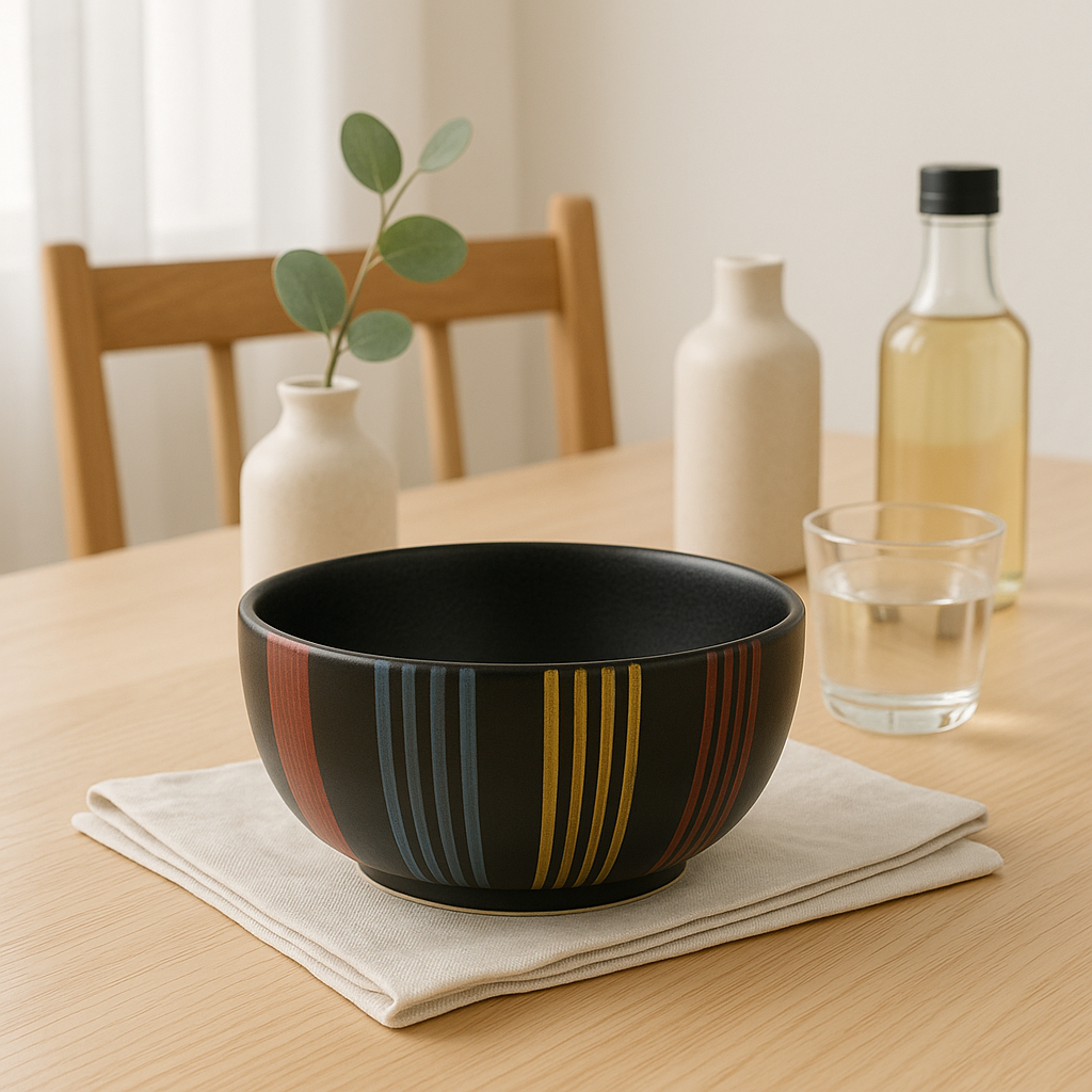 Handmade Ceramic Bowl with Colorful Stripes – Black