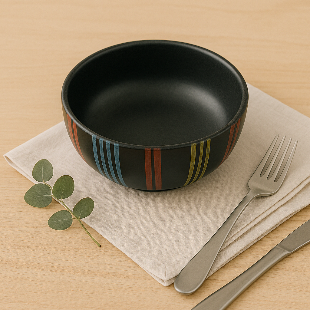 Handmade Ceramic Bowl with Colorful Stripes – Black