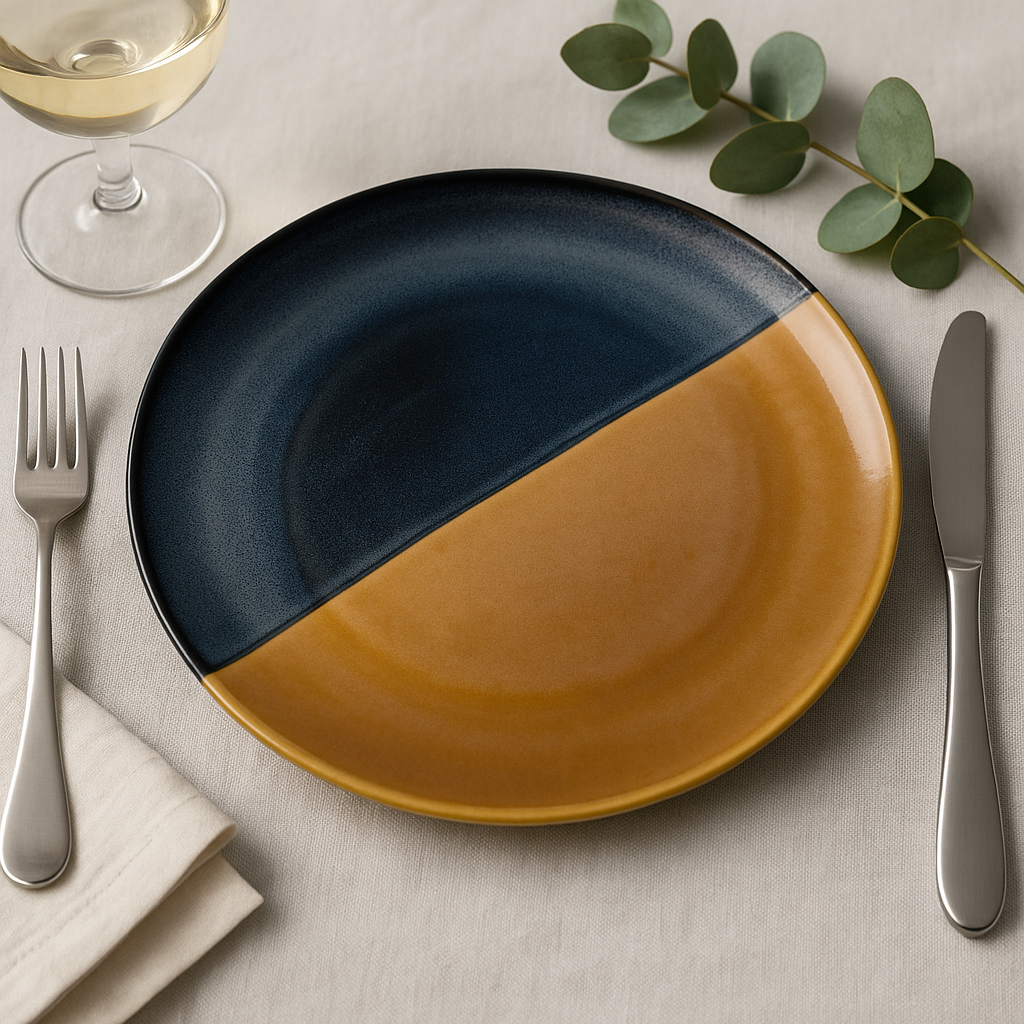Handmade Ceramic Dinner Plate with Diagonal Divide – Blue & Mustard