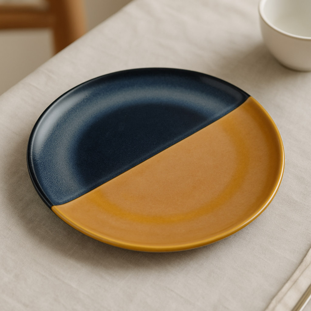 Handmade Ceramic Dinner Plate with Diagonal Divide – Blue & Mustard