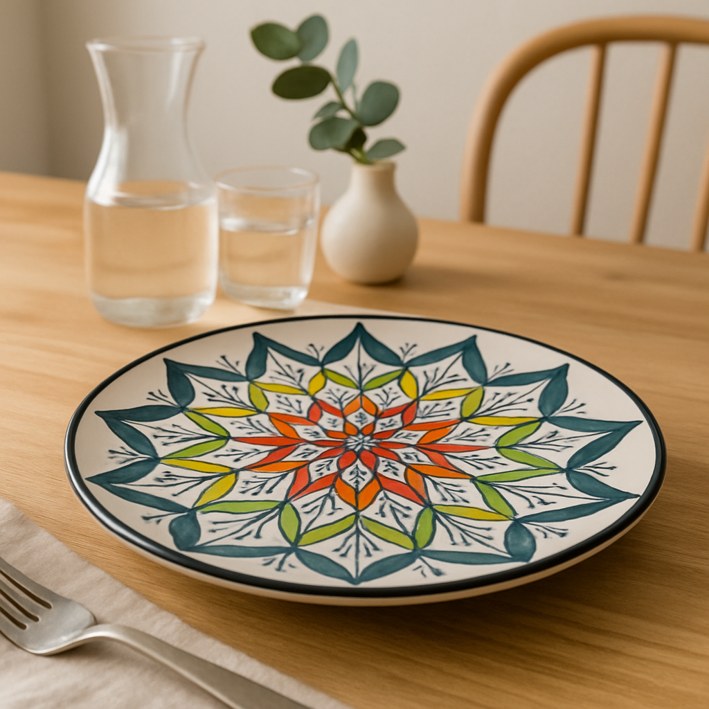 Handmade Ceramic Dinner Plate with Hand-Painted Mandala Design – Vibrant Colors