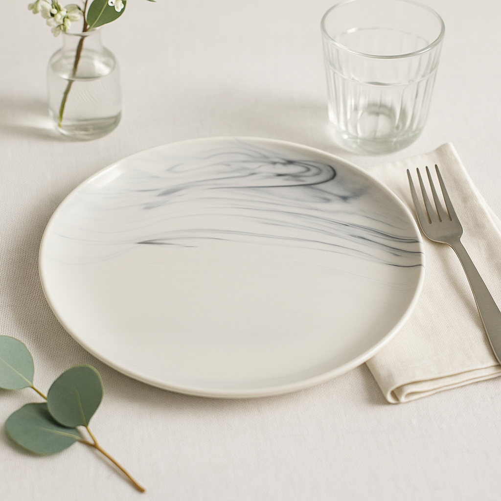 Handmade Ceramic Dinner Plate with Marbled Design – White & Grey