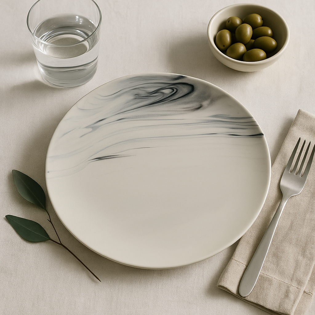 Handmade Ceramic Dinner Plate with Marbled Design – White & Grey