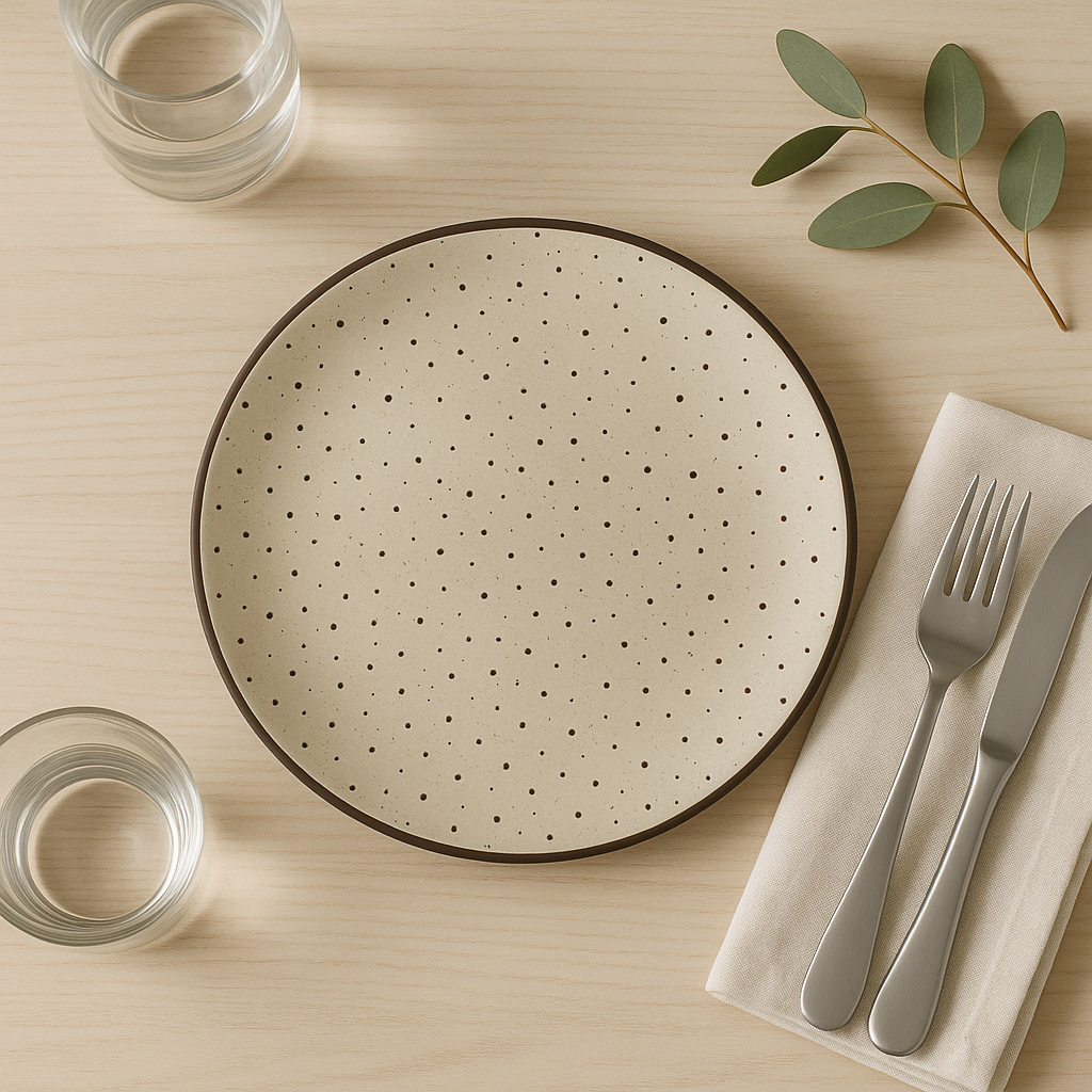 Handmade Ceramic Dinner Plate with Speckled Design – Beige with Brown Rim