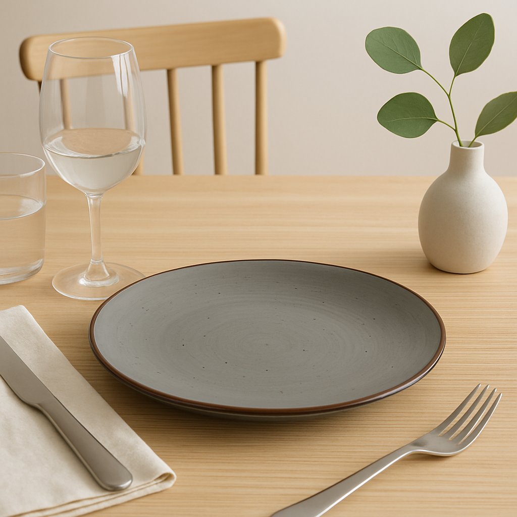 Handmade Ceramic Dinner Plate with Speckled Grey Glaze – Brown Rim