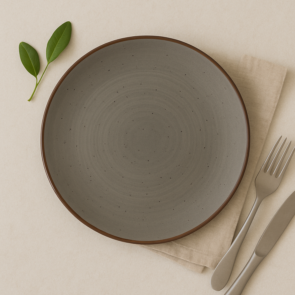 Handmade Ceramic Dinner Plate with Speckled Grey Glaze – Brown Rim