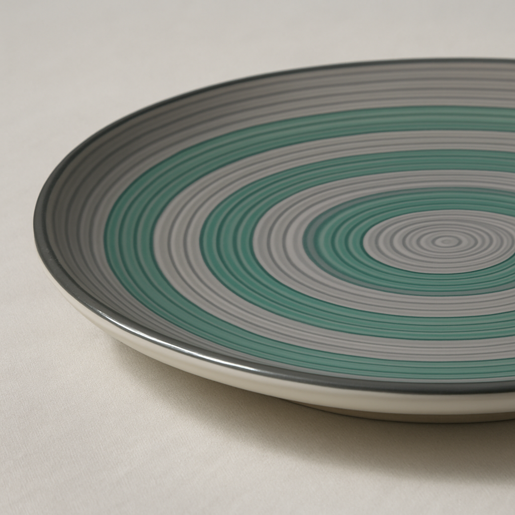 Handmade Ceramic Dinner Plate with Spiral Pattern – Green & Grey