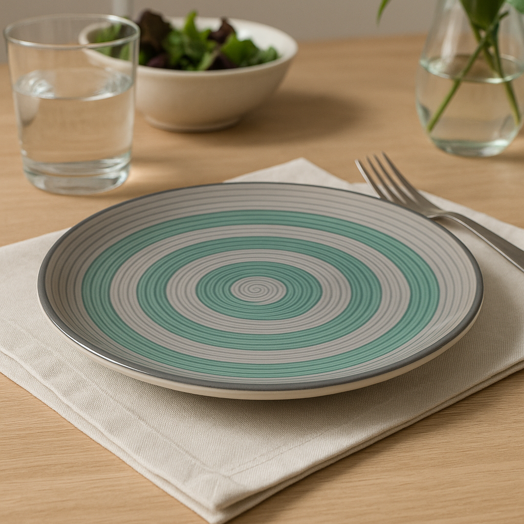 Handmade Ceramic Dinner Plate with Spiral Pattern – Green & Grey