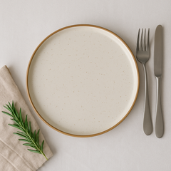 Handmade Ceramic Full-Sized Dinner Plate with Golden Edge – Cream with Subtle Speckles