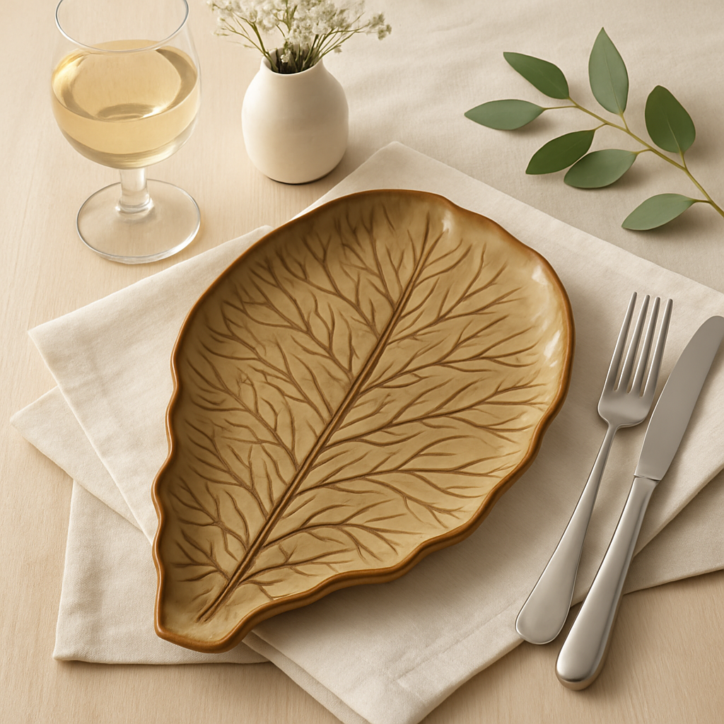 Handmade Ceramic Leaf-Shaped Platter with Organic Glaze – Brown with Leaf Vein Design