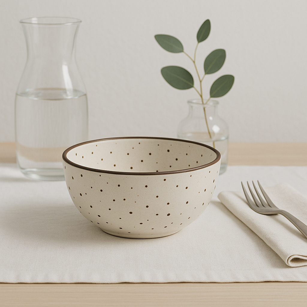 Handmade Ceramic Medium Bowl with Rustic Speckled Glaze – Cream with Brown Rim