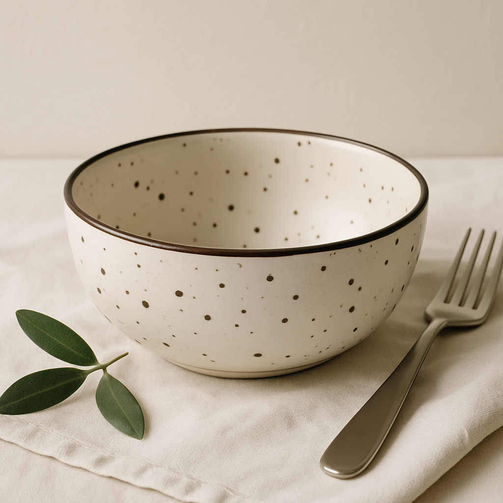 Handmade Ceramic Medium Bowl with Rustic Speckled Glaze – Cream with Brown Rim