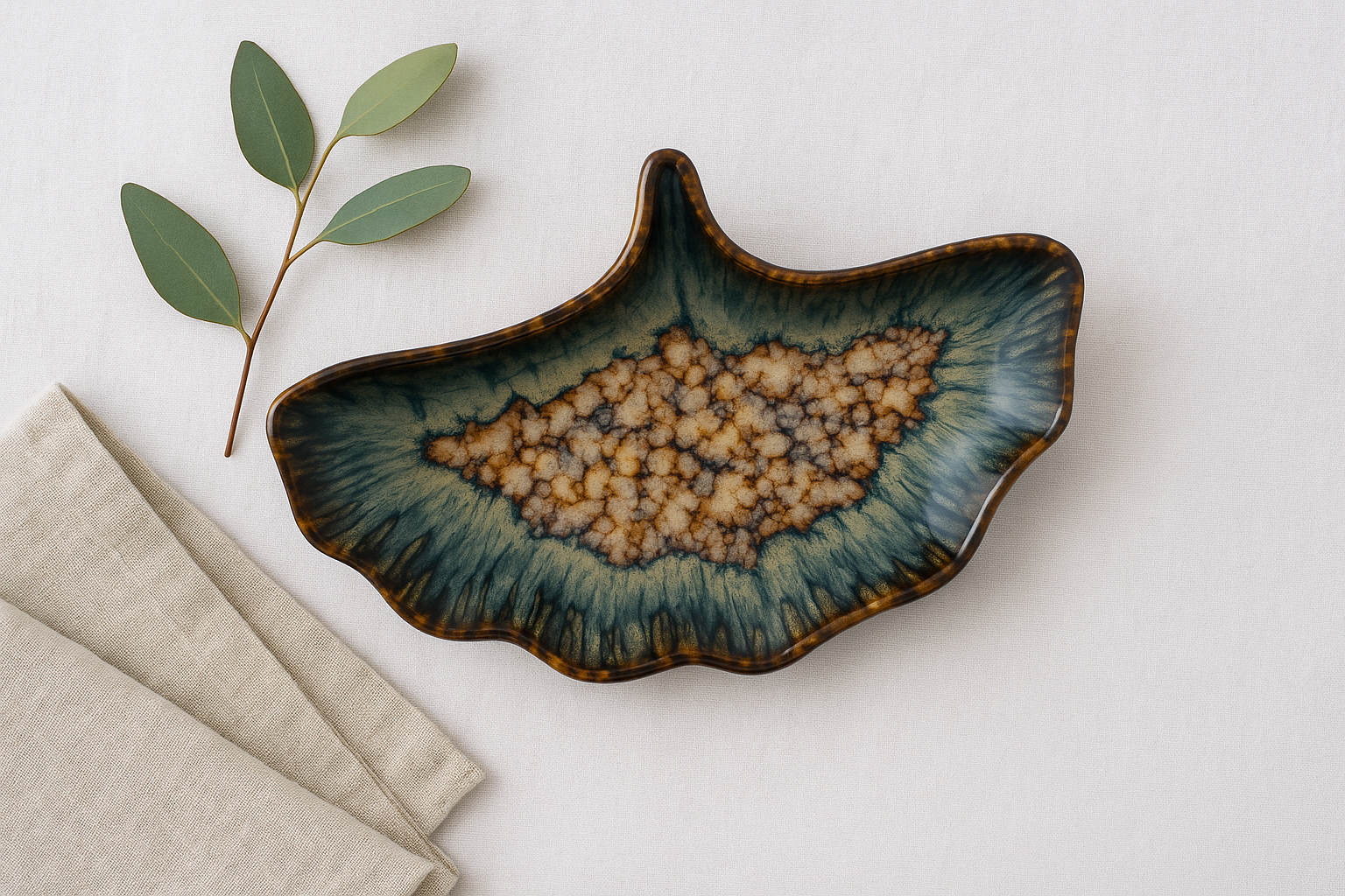 Handmade Ceramic Medium Platter/Serving Dish with Artistic Glaze – Green and Brown